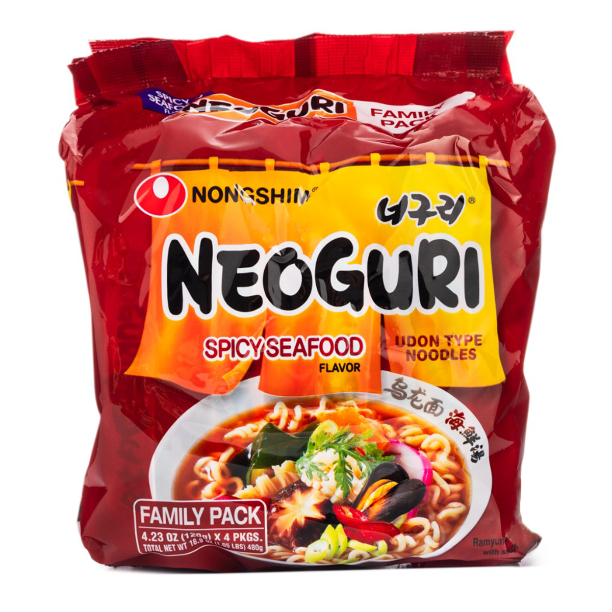 Nongshim Neoguri Instant Udon Type Noodles, Spicy Seafood Flavor, Family Pack 120g*4 480 g