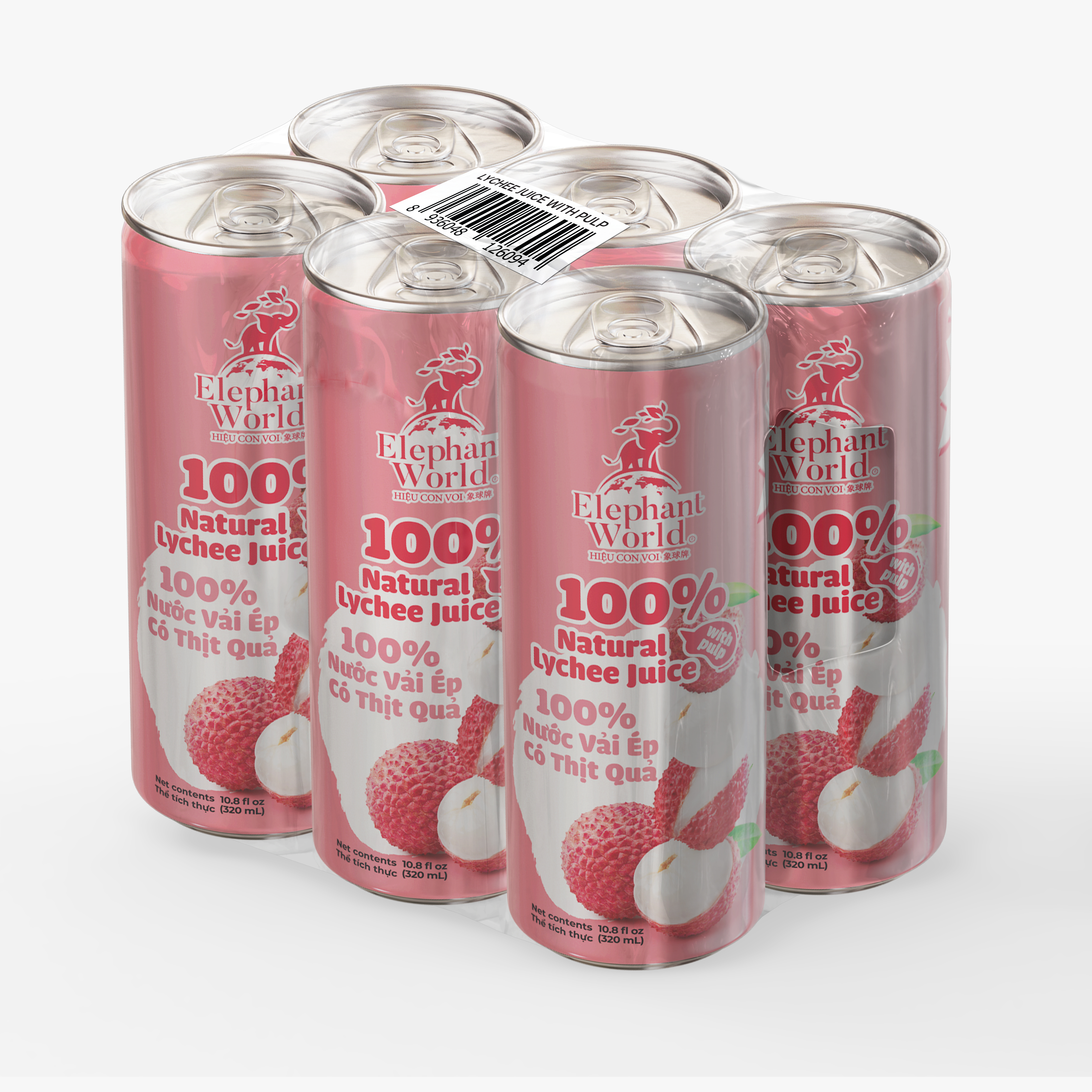 Elephant World 100% Natural Lychee Juice with Pulp 6 count