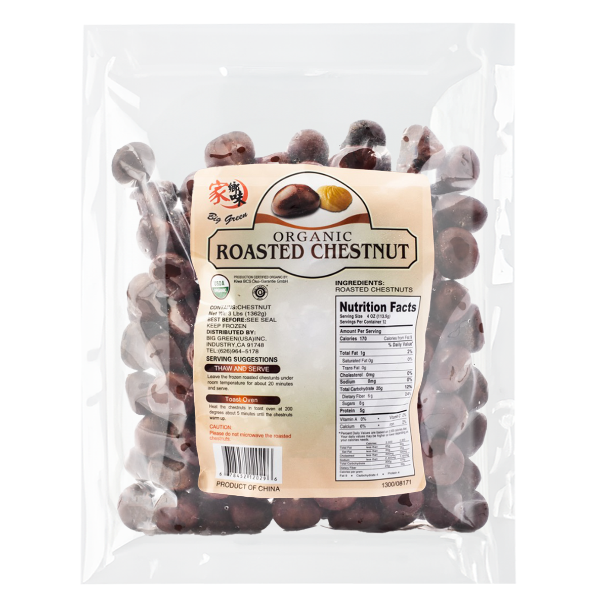 Big Green Organic Roasted Chestnuts, Frozen 3 lb