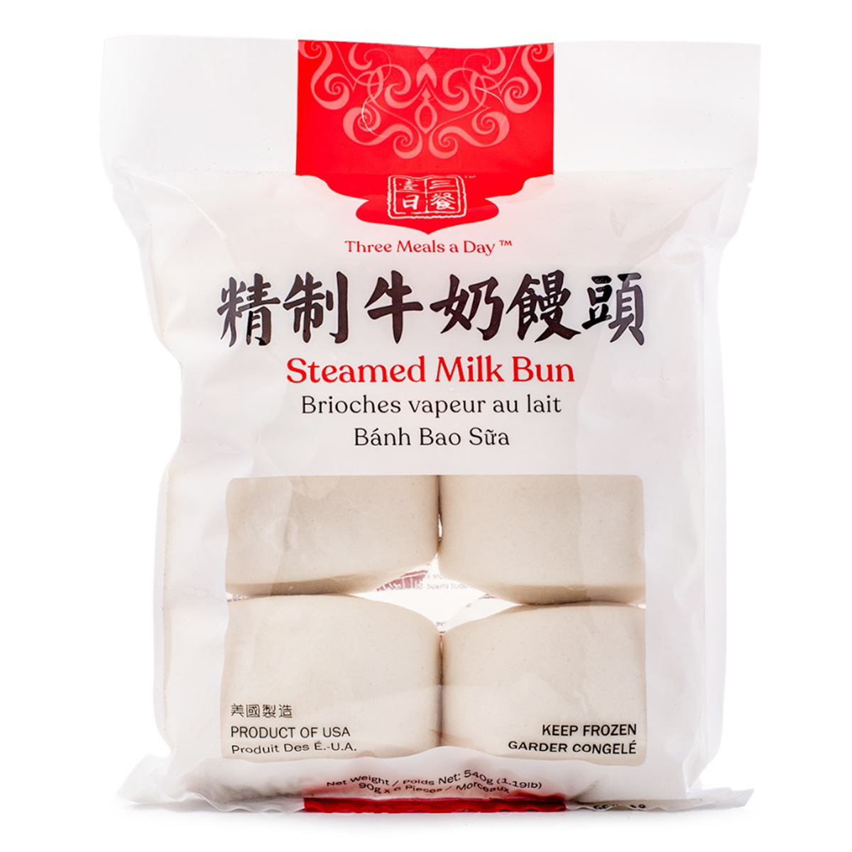 Three Meals a Day Steamed Milk Bun, Frozen 540 g