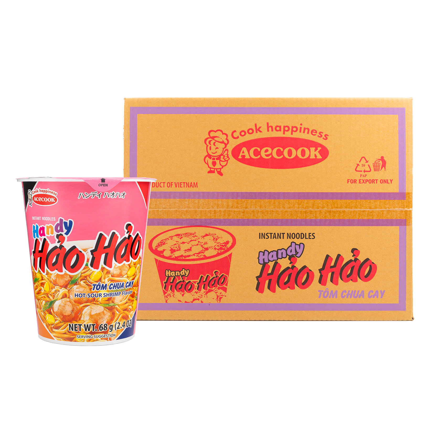 Acecook Handy Hao Hao Hot and Sour Shrimp Cup Noodle 2.4 oz*12 counts