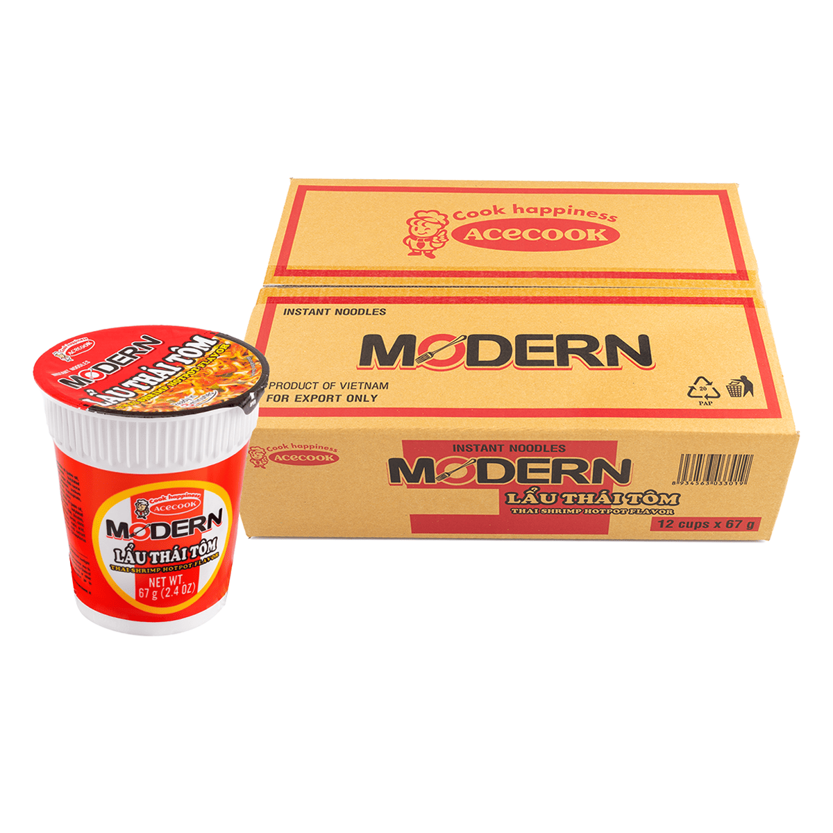 Acecook Modern Cup Noodles, Thai Shrimp Hot Pot Flavor (12 cups) 67 g